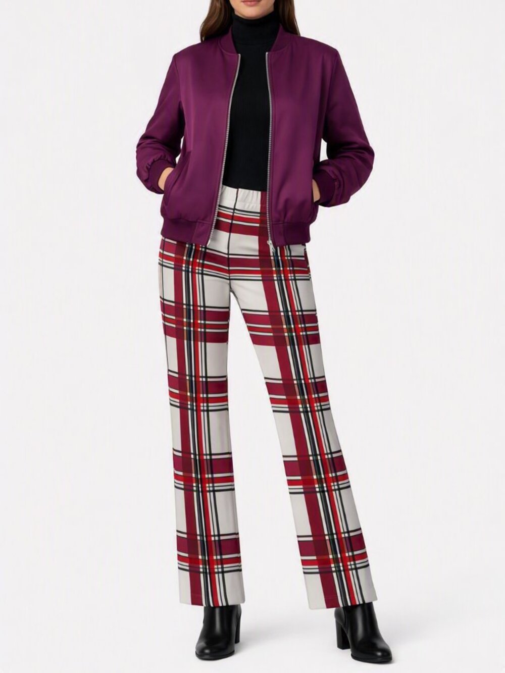 Carlisle Printed Plaid Pants -NWOT - Shades of Red, Fuchsia, Black, Grey, Putty